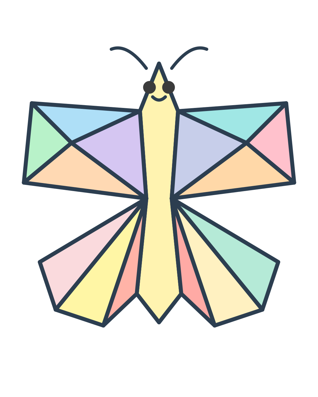 A colorful low-poly butterfly made of sixteen triangular color sections across its wings, shown alongside the matching cut-out pieces to assemble it.