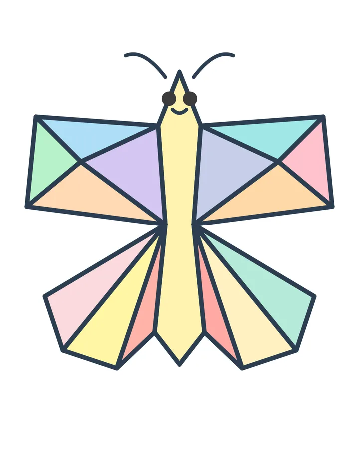 A colorful low-poly butterfly made of sixteen triangular color sections across its wings, shown alongside the matching cut-out pieces to assemble it.