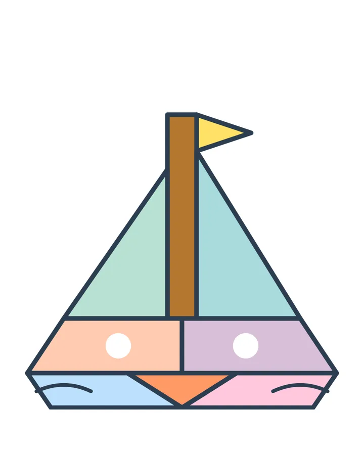 A geometric sailboat made of colourful triangle and rectangle shapes, shown alongside its matching outline and separate labelled pieces to cut out.