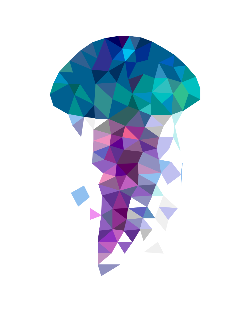 A large jellyfish made of triangles, circles, and curved strips floating among simple ocean shapes, ready to be cut out and glued together.