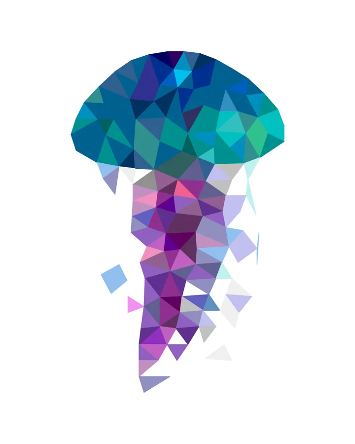 A large jellyfish made of triangles, circles, and curved strips floating among simple ocean shapes, ready to be cut out and glued together.